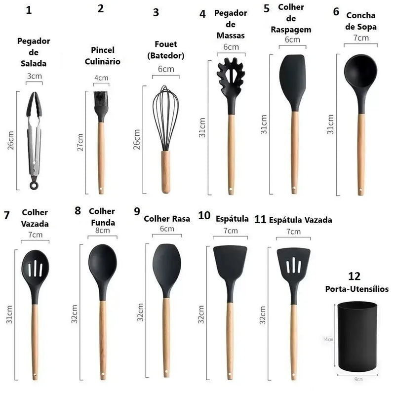 Kit 12 peças para cozinha em silicone e cabo de madeira